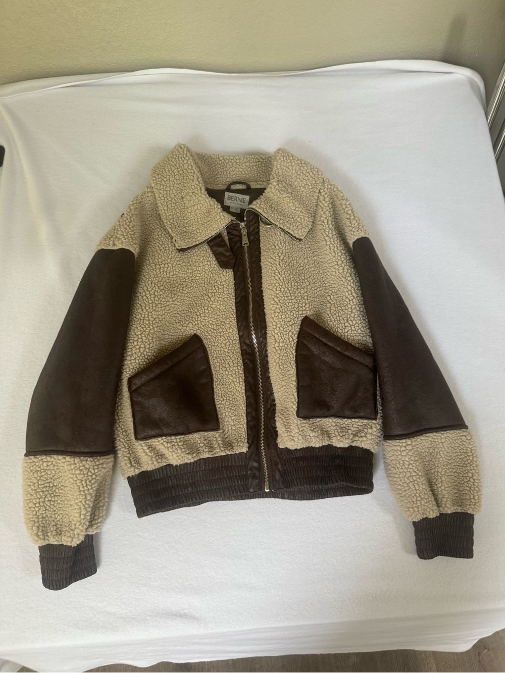 Bernie Cream Sherpa Bomber Jacket with Dark Brown Accents